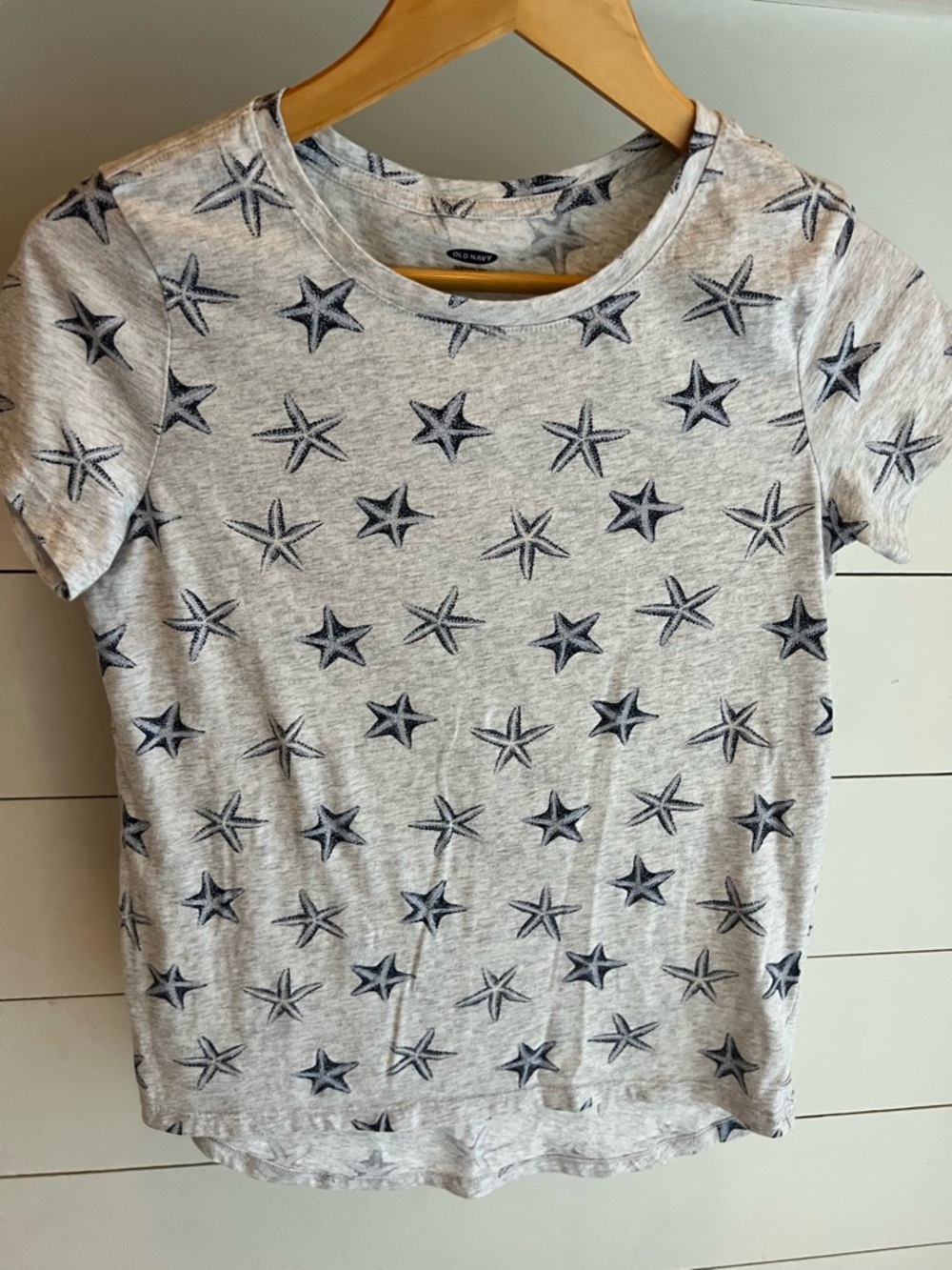 Old Navy Girl’s Softest Tee Gray Star Fish Sea Shells Print Tee Size XL 14